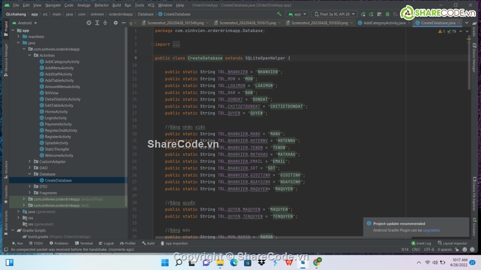 ứng dụng quản lý nhà hàng,sqlite,quản lý,app android,android studio,java language